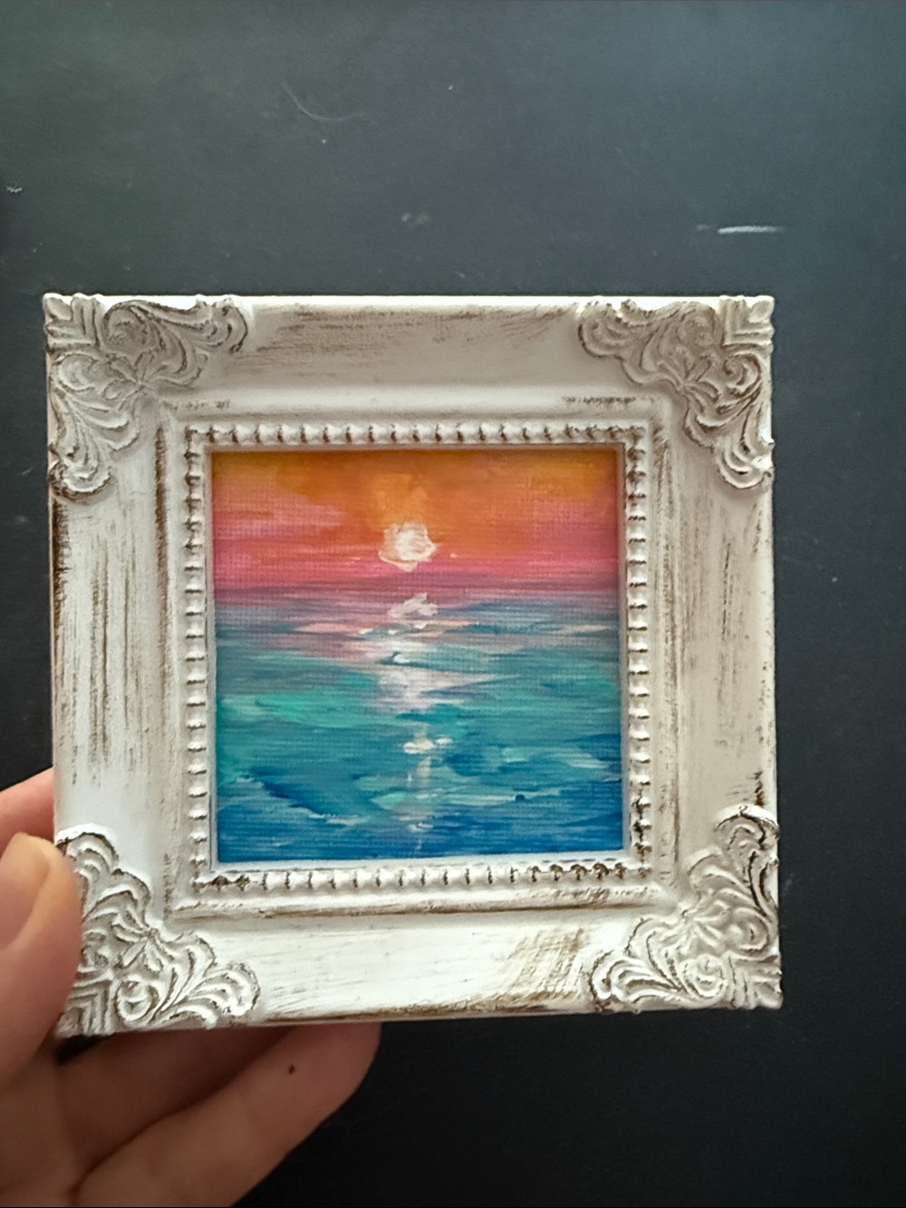 Sunset Seascape Mini Canvas Wall Art - White Framed